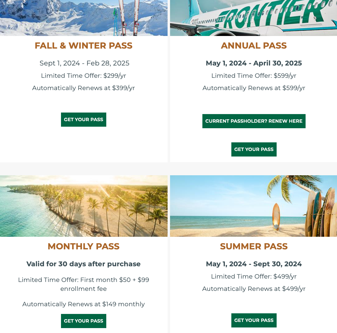 Screenshot of types of Frontier Airlines passes